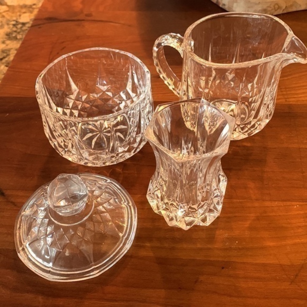 Vintage Four piece set sugar creamer jar, lid and toothpick holder glassware set